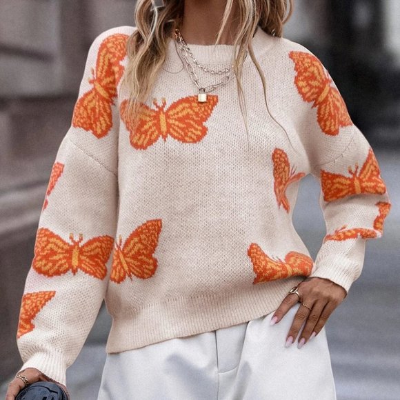 . Sweaters - Multicolor Casual Womens Butterfly Print Sweater